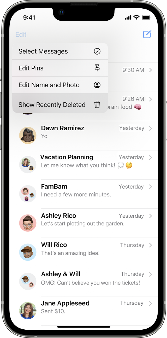 On the conversations page in Messages, tap Edit to find the option to show recently deleted messages. On the conversations page in Messages, tap Edit to find the option to show recently deleted messages.