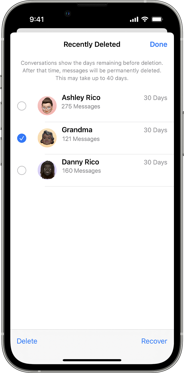 On the Recently Deleted page in Messages, tap the conversation that includes messages you want to recover. On the Recently Deleted page in Messages, tap the conversation that includes messages you want to recover.